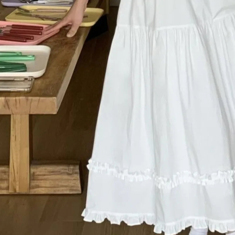 LIZAKOSHT  -  White Spring Summer Dresses for Woman Solid Ruffles Puff Sleeve Long Dress Korean Fashion Elegant Vestidos Mujer