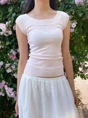 LIZAKOSHT  -   Pink Knitted T-shirts Woman Summer Scoop Neck Short Sleeve Slim T-shirts Female Casual Simple Solid Elegant Cotton Crop Tops