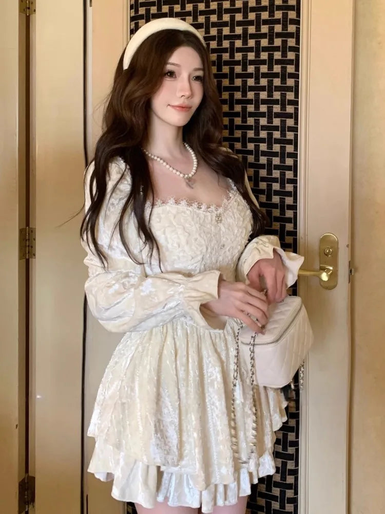 LIZAKOSHT  -  French Sweet Lace Spliced Princess Dress Autumn Long Sleeve Square Collar Beading Vestidos Elegant Retro Evening Party Clothing