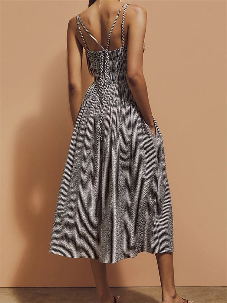LIZAKOSHT  -  Women Ruched Dresses Striped Print Spaghetti Strap Sleeveless Backless Tie-Up A-line Dress with Pockets Vestidos