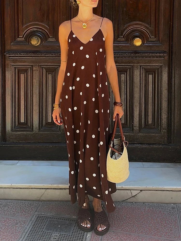 LIZAKOSHT  -  Polka Dot Print Sexy Long Dress Vintage Backless Hight Waist Draped Party Dresses Women's V-Neck Sleeveless Suspender Dress