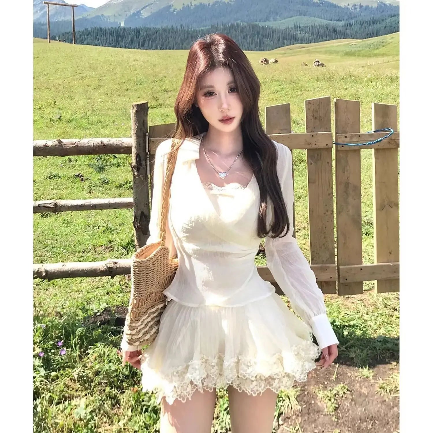 LIZAKOSHT  -  French Sweet Elegant 3 Piece Set Women Lace Cami + V-Neck Top + High Waist Mesh Mini Skirt Summer Casual Slim Chic Party Outfits