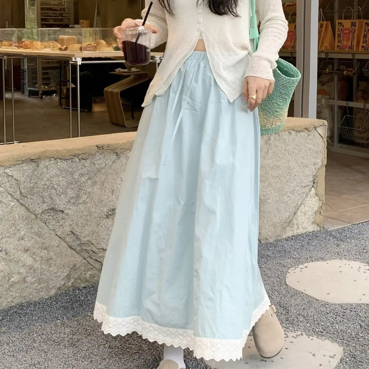 LIZAKOSHT  -  Fresh and Fashionable Lace Lace Splicing Half Skirt Summer New Versatile Loose High Waist Long Skirt