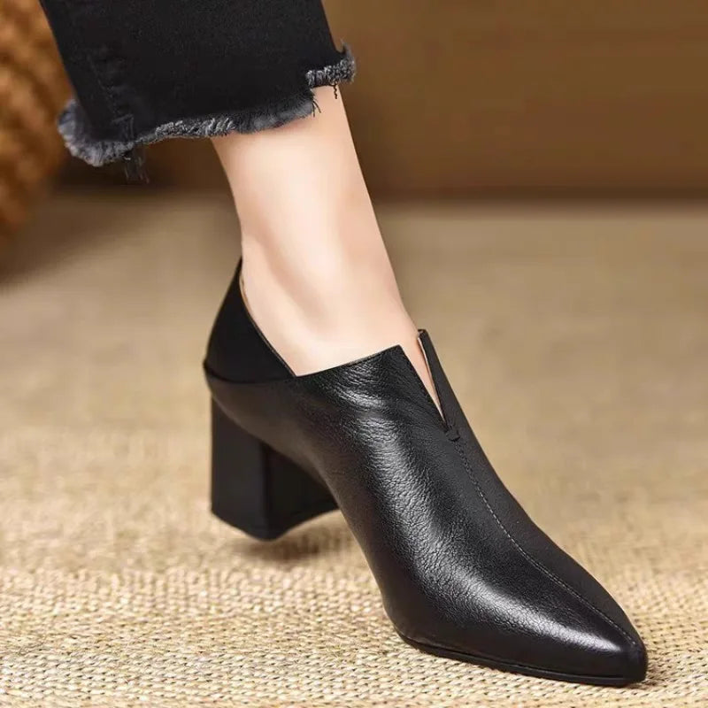LIZAKOSHT  -  Women's  Pointed Toe Block Heel Pumps Soft Leather Deep Mouth Slip On Shoes Elegant Mid Heel Office Ladies Footwear for Autumn