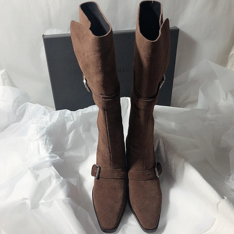 LIZAKOSHT  -  Fashion Vintage Women Western Knee High Boots Fashion Winter Belt Buckle Stripper Party Shoes Zapatos De Mujes