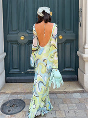 LIZAKOSHT  -  Print Sheer Mesh Deep Backless Flare Sleeve Midi Bodycon Dress Bell Sleeve  Summer Beach Resort Party Outfit