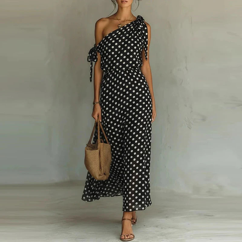 LIZAKOSHT  -  Trendy Asymmetry Slash Collar Polka Dot Print Dress Elegant Tie Up Hollow Out Slim Dress Temperament Lady High Waist Party Dress
