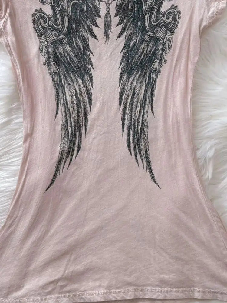 LIZAKOSHT  -  Ropa Mujer Pink Angel T-shirts Vintage Camisetas Print T Shirt Goth Academia American Grunge Subcultural High Street Tops