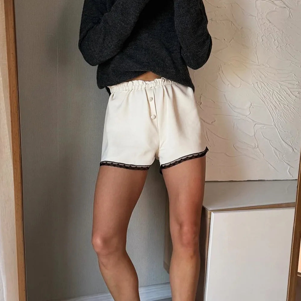 LIZAKOSHT  -  Spring and Summer Women Satin Low Waist Casual Shorts Elegant Soft Patchwork Lace Fungus Edge Design Beach Travel Sports Shorts