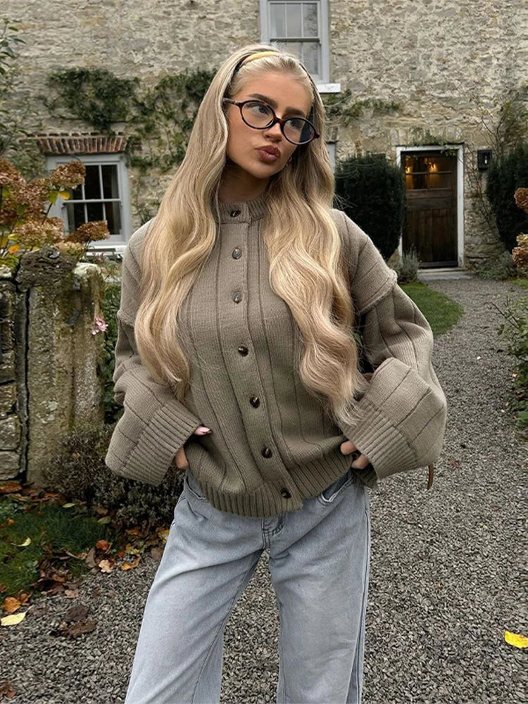 LIZAKOSHT  -  Chic Solid Sweater For Women O-neck Full Sleeve Loose Single Breasted Short Cardigan 2025 Autumn Female Daily Casual Outerwear