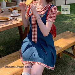 LIZAKOSHT  -  Sweet red plaid contrast temperament bow dress female summer new fake two-piece puff sleeves waist pleated stitching skirt