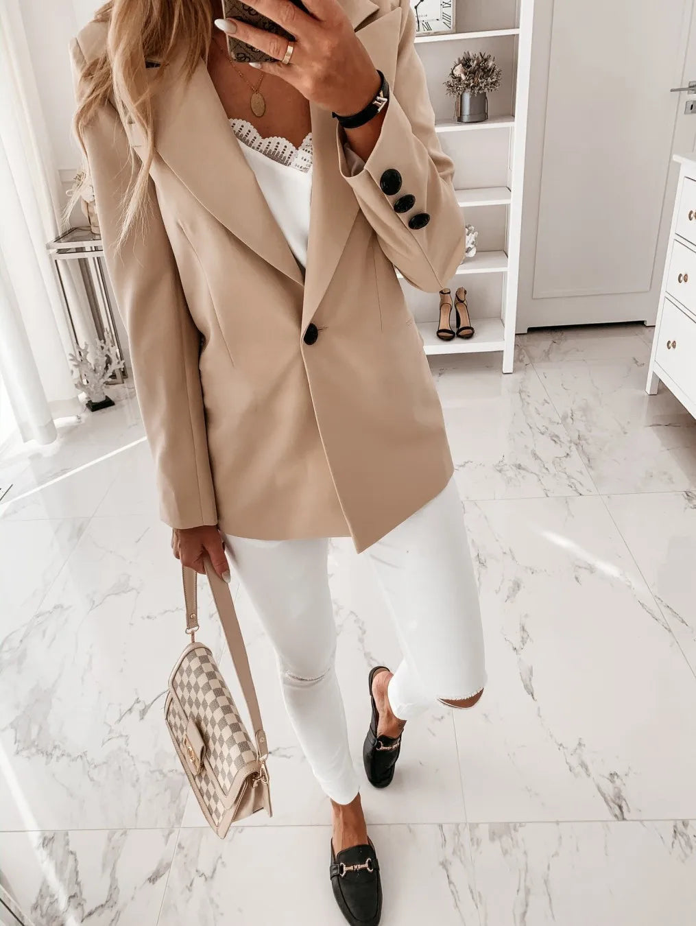 LIZAKOSHT  -  New Long Sleeved Solid Color Suit Collar Button Up Suit Jacket Cardigan