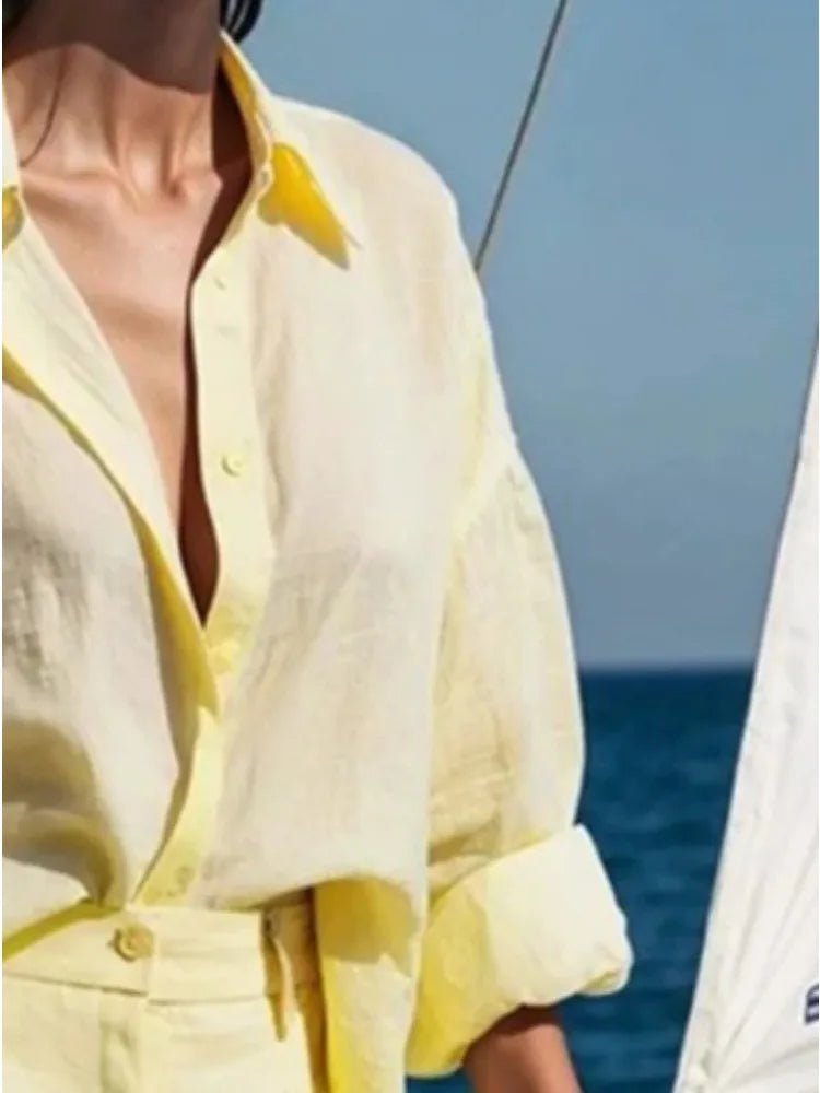 LIZAKOSHT  -  Fashion Women's Shirt Lapel Blouses Elegant Simple Button Cotton Linen Casual Basic Vintage Yellow Tops for Female