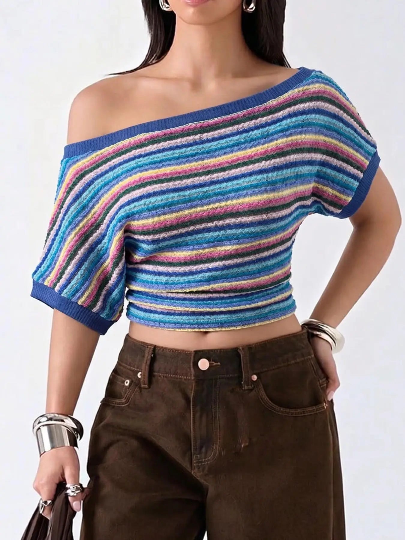 LIZAKOSHT  -  Colorful Bohemian Y2K Spicy Retro Hollow Knitted T-Shirt Asymmetrical Shoulder Line Batswing Sleeve Waist Cinched Top