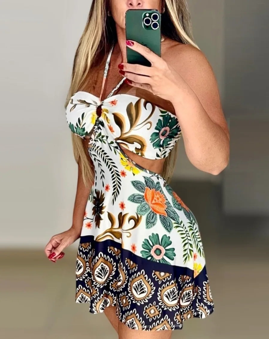 LIZAKOSHT  -  Women's Romantical Floral Print Halter Neck Sexy Fashionable Dress Easy To Create Lazy Stylish Vacation Style Dress Dresses 68AF