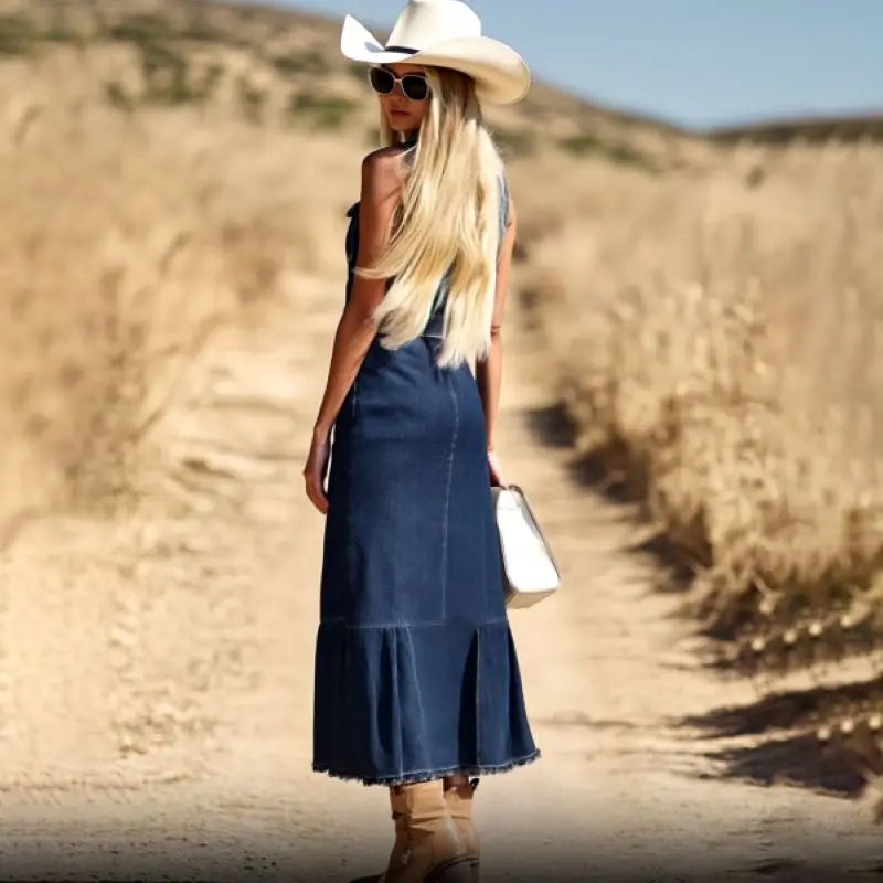 LIZAKOSHT  -  New Casual Fashion Dark Blue Denim Sleeveless Fishtail Midi Dress for Women - Stylish Summer Streetwea