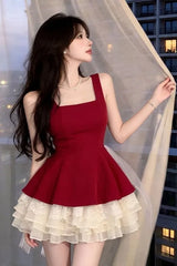 LIZAKOSHT  -  French Coquette Princess Lace Bow Mini Dress Women Slim Fit Ruched Wide Shoulder Strap Square Neck Party Clubwear Elegant Outfit
