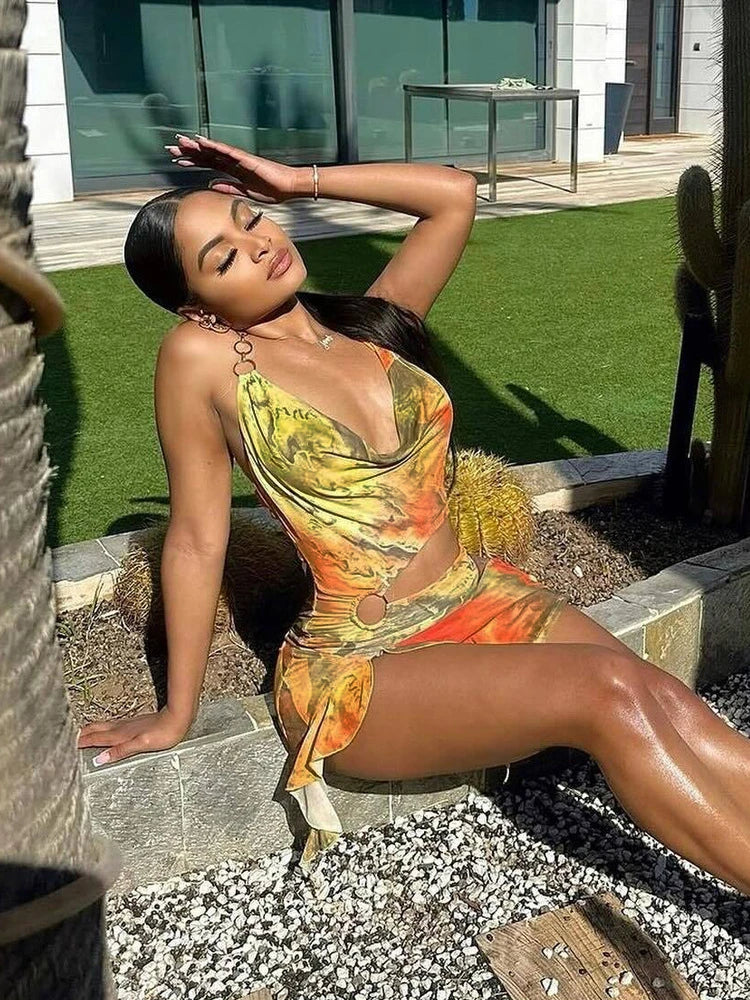 LIZAKOSHT  -  Summer Tie-dye Print Pile Collar Mesh Mini Dress Vacation For Woman 2024 Sexy Hollow Out Backless Bandage Short Dresses