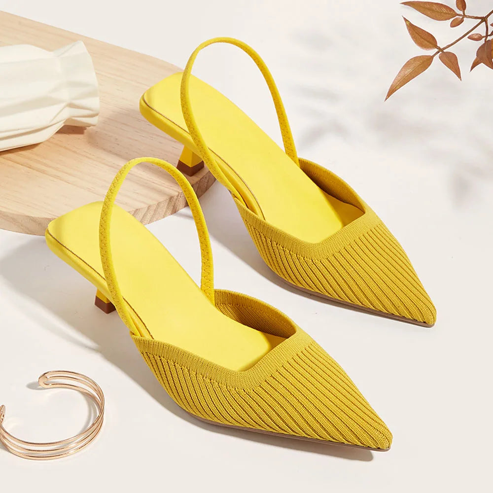 LIZAKOSHT  -  Elegant Black Kitten Heels Slingback Sandals Women Green Yellow Pointed Toe Slip On Knitting Red Office Lady Shoes Big Size 42