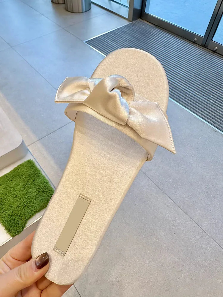 LIZAKOSHT  -  Silk Butterfly-Knot Slippers Women Flat Heel Gingham Sandals Cloth Fabric Slides Female Slip On Pantuflas House Flipflops