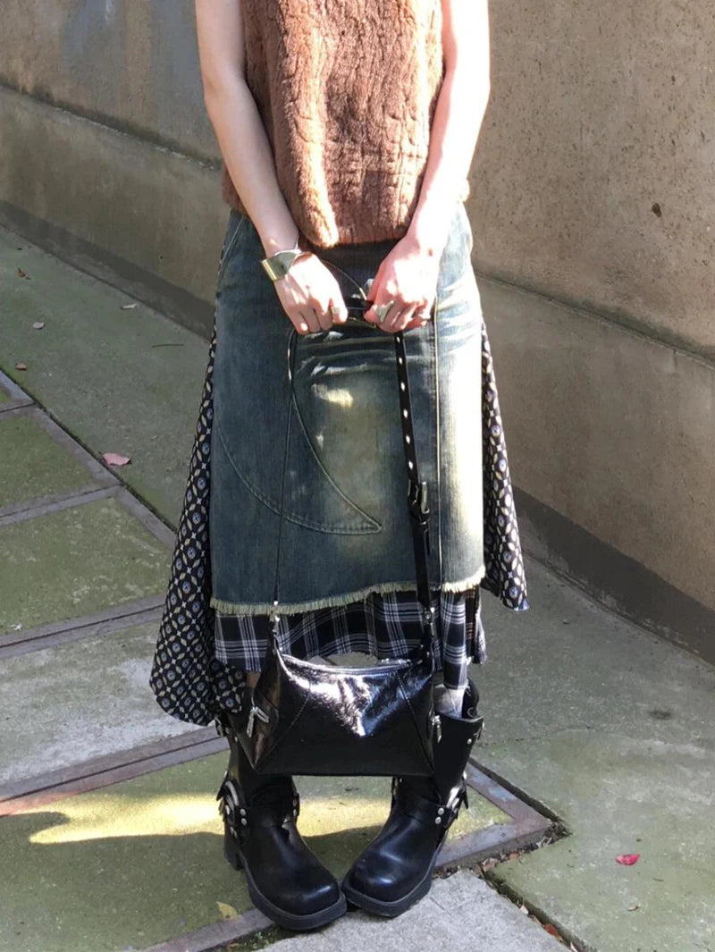 LIZAKOSHT  -  Women's A-line Plaid Skirt Vintage Aesthetic Y2k Asymmetrical Skirt Harajuku Streetwear Emo Mini Skirt 2000s Clothes Summer 2024