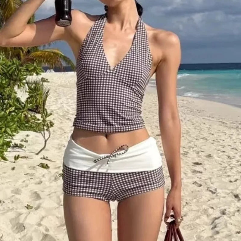 LIZAKOSHT  -  Deep V Tops Mini Patchwork Contrasting Shorts Plaid Swimsuit Two Piece Set For Women Summer Sexy Swimming Sports Beach Bikini