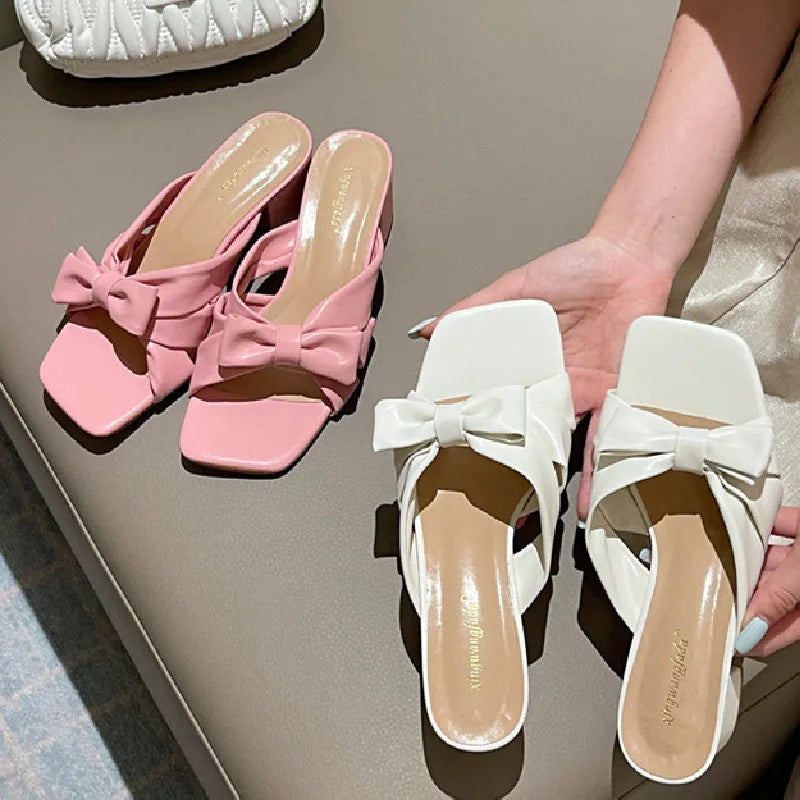 LIZAKOSHT  -  Bow Design Thick Heel Slippers Women Summer Square Head Soft Bottom Brand Sandals Comfortable Beach Casual Flats Zapatos Mujer