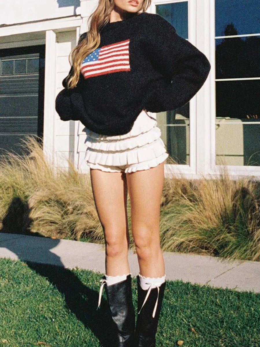 LIZAKOSHT  -  Women s Vintage American Flag Print Sweatshirt Long Sleeve Round Neck Loose Pullover Autumn Winter Tops Patriotic Fashion