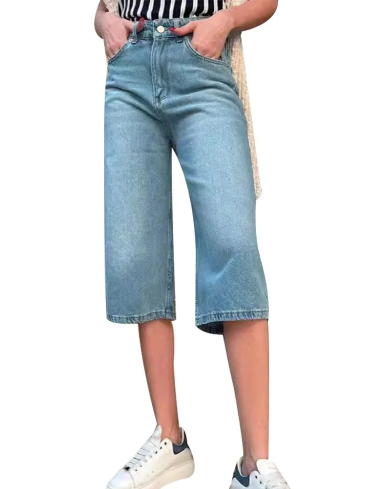 LIZAKOSHT  -  Denim Vintage Short Jeans Women Wide Leg High Waist 2025 Spring Summer Straight Pocket Pants Casual Solid Office Zipper Shorts