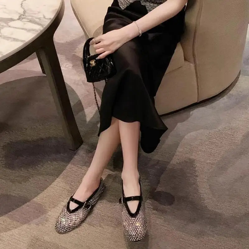 LIZAKOSHT  -  Summer Fashion Designer Rhinestones Round Toe Mary Janes Women Flat Mesh Sandals Buckle Strap Comfortable Outdoor Dress Shoes