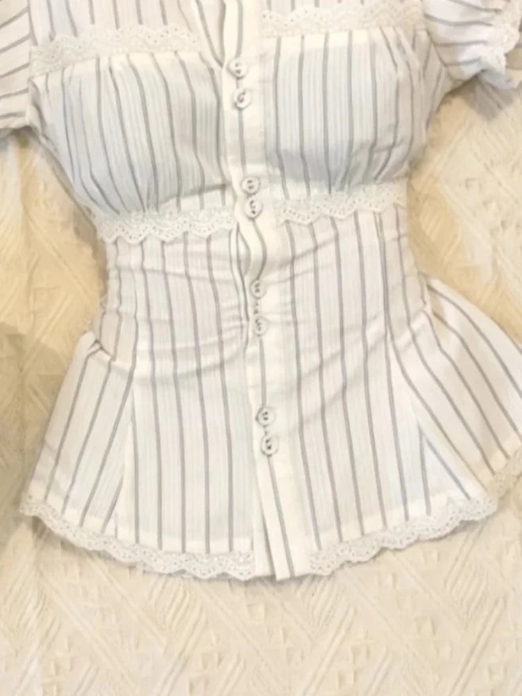 LIZAKOSHT  -  Harajuku Fashion Lace Trim Design Shirt Korean Style Sweet Color-Block Striped Short Sleeve Shirt Women Waist-Slimming Tops