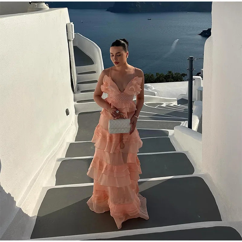 LIZAKOSHT  -  Cascading Ruffle Slip Women's Dress V-neck Sleeveless Hollow Out Waist Cinching Evening Party Dresses 2025 Summer Elegant Robe