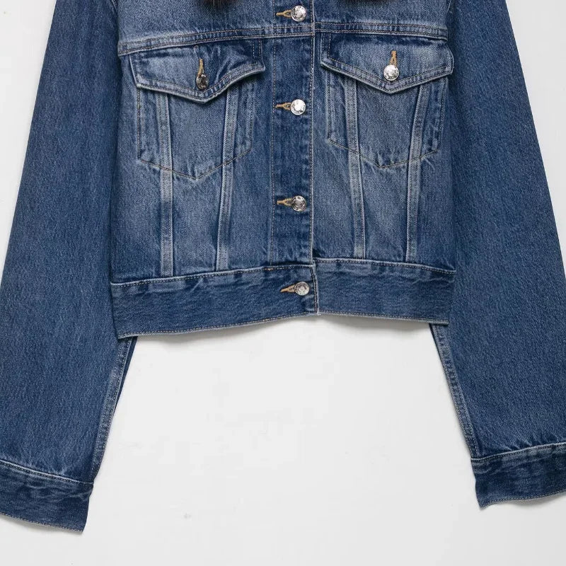 LIZAKOSHT  -  Women Blue Denim Jacket With Brown Faux Fur Collar Full Sleeve Button Front Cropped Casual Outerwear 2025 Autumn Lady Streetwear