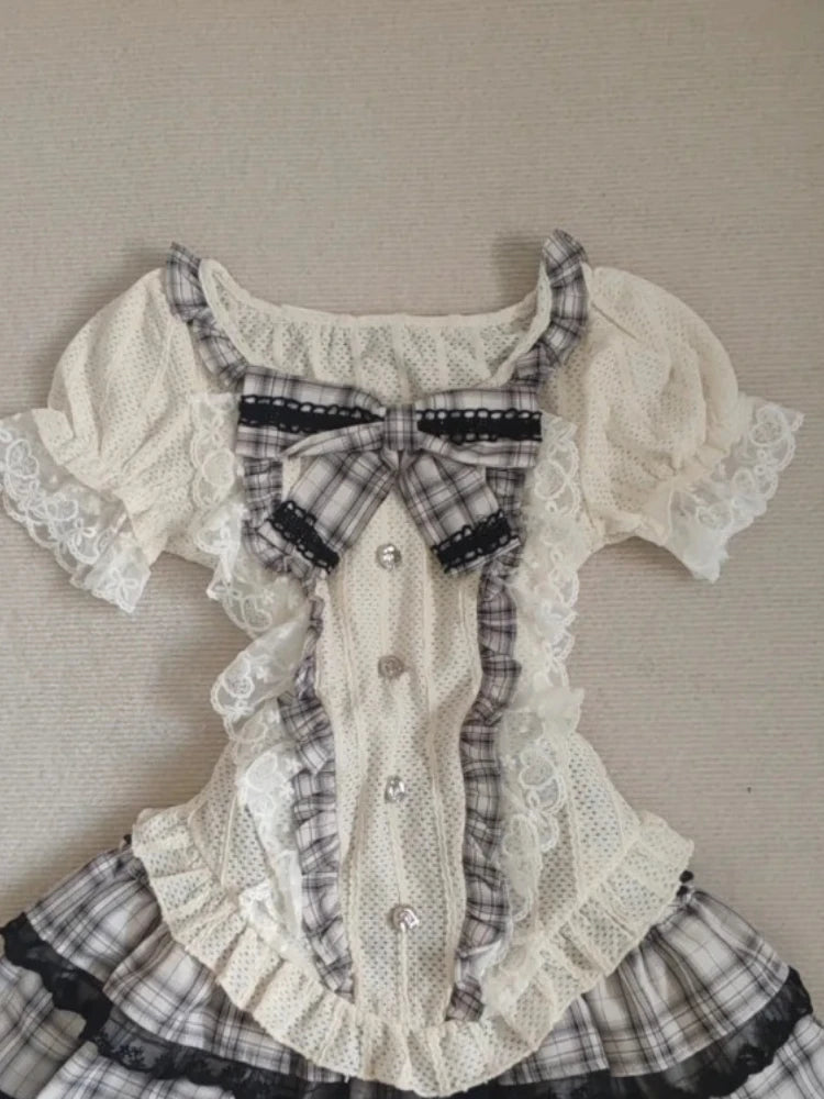 LIZAKOSHT  -  Japanese Sweet Kawaii Women 2 Piece Set Cute Bow Lace Tops +Mini Puffy Skirt New Fashion Harajuku Y2k Plaid Preppy Style Outfits