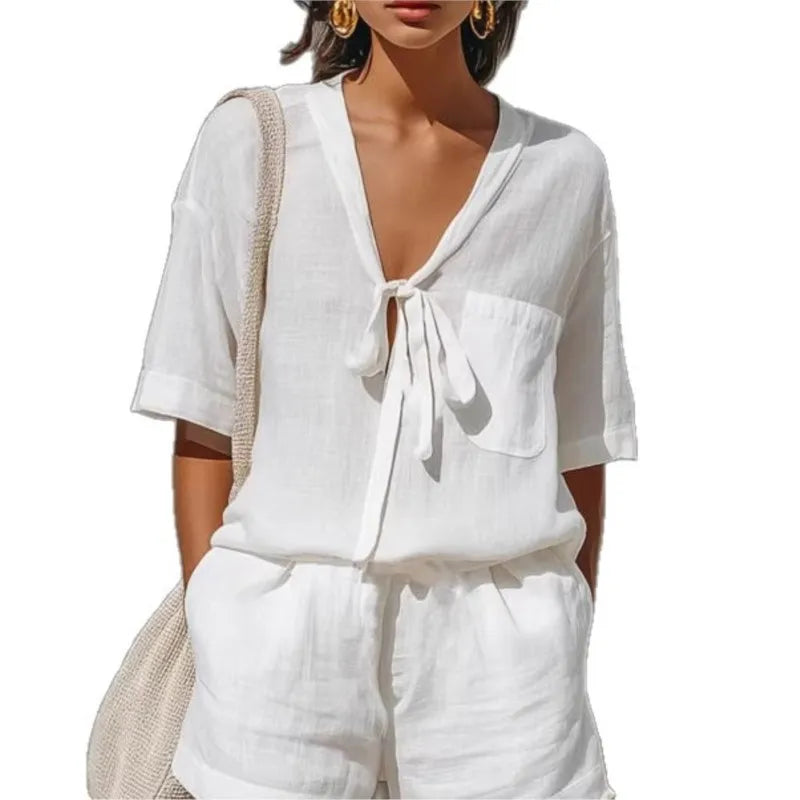 LIZAKOSHT  -  Women's 2 Piece Beach Shorts Outfits Summer Casual Loose Short Sleeve V Neck Tie Up Tops Wide Leg Shorts Sets Comfy lounge Sets