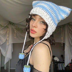 Lizakosht Japanese Cute Devil's Ears Beanies Women Autumn Winter Lolita Crochet Hat Y2k Striped Warm Knitted Hat Strawberry Pompom Hats