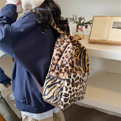 LIZAKOSHT  -  Women Faux Fur Leopard Fluffy Fashion Backpacks Large Capacity Students School Bag Vintage Commuter Backpack