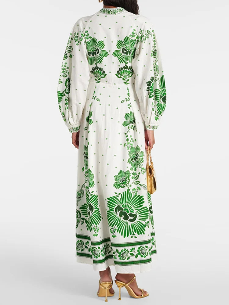 LIZAKOSHT  -  New Style Printed Long Dress with Slit Sleeves and V-Neck Casual Lace Beach Resort Dress