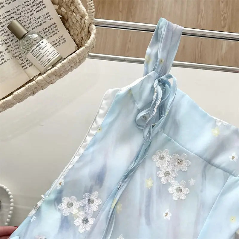 LIZAKOSHT  -  Midi Dress Blue Tie Dye Lace Up Floral Print Sleeveless Women Casual Spaghetti Strap Elegant Summer Slim Long Dress