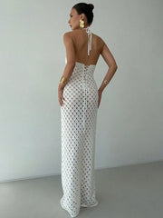 LIZAKOSHT  -  White Knit Beach Long Dress Women See-Through Lace-Up Backless Hollow Out Loose Sexy Dress Female Knitwear Summer Dress