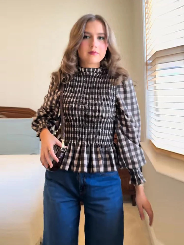 LIZAKOSHT  -  Elegant French Chic Blouse Shirt Pink Plaid Vintage Ruffles Long Lantern Sleeve Slim Casual Ladies Women Blouses Top Streetwear