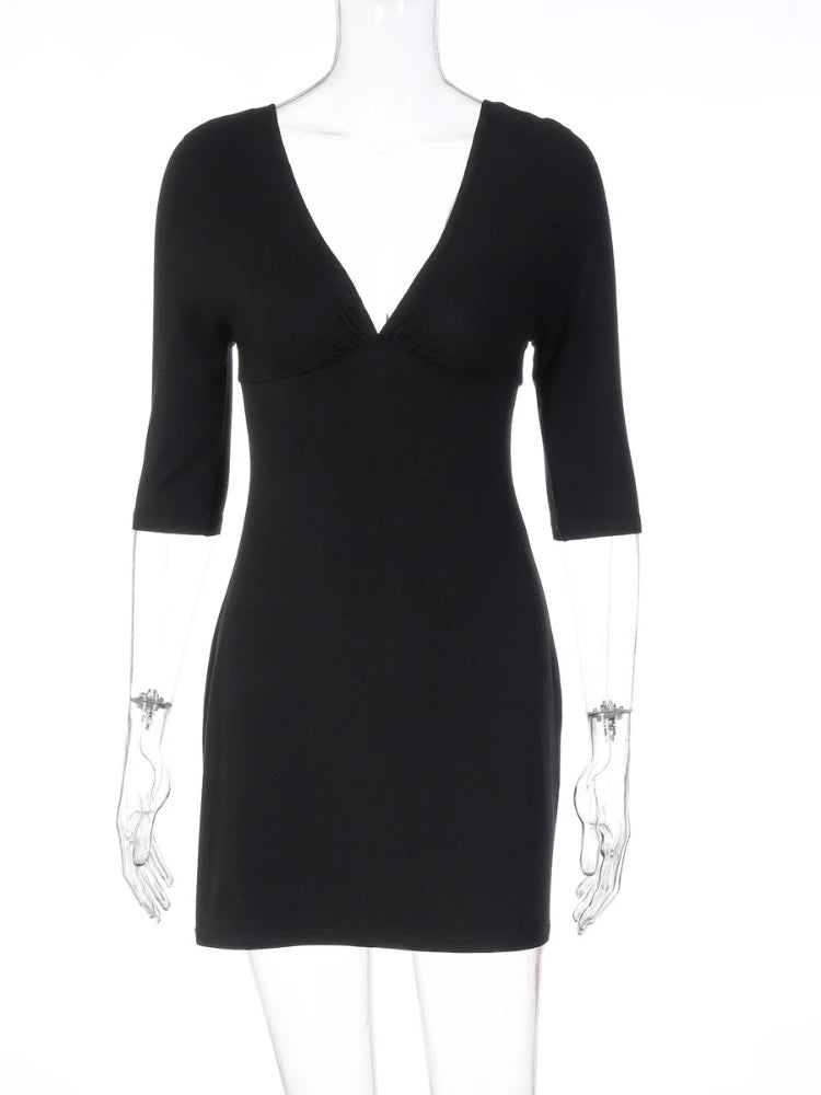 LIZAKOSHT  -  Summer Deep V-neck Backless Solid Short Dress Streetwear Y2K Women's Half Sleeve High Waist A-line Holiday Dresses