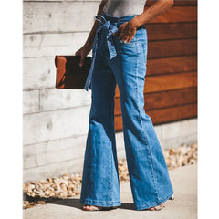 LIZAKOSHT  -  Blue Tie Waist Flare Jeans Women Slim Denim Trousers Vintage Clothes spring High  Pants Belted Stretchy Wide Leg