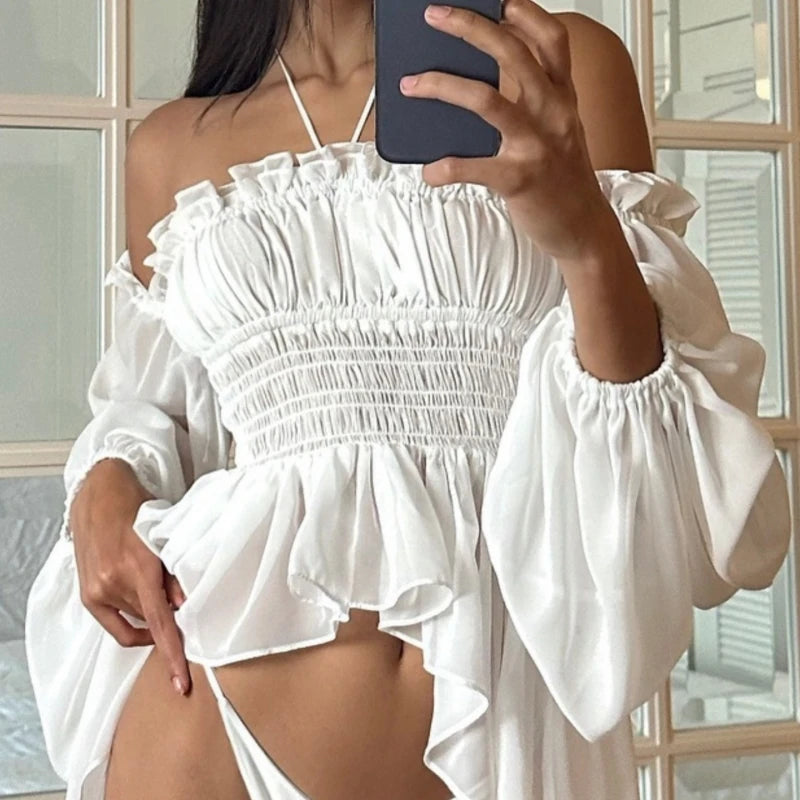 LIZAKOSHT  -  Off Shoulder Ruffles Sexy Lantern Long Sleeve Halter Backless Fashion All-match Crop Tops Y2K Summer Streetwear Blouses
