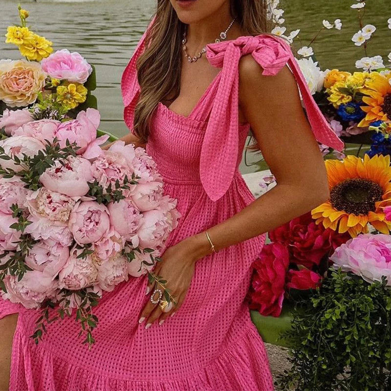 LIZAKOSHT  -  Female Bow Strapless Slit Loose A-line Dress Elegant Women Solid One Shoulder Beach Dress Holiday Sweet Swing Big Hem Dress