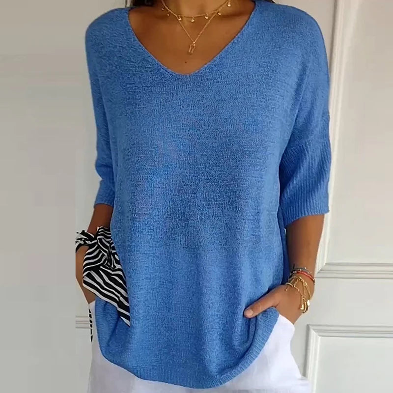 LIZAKOSHT  -  Women Casual Bat Sleeve Loose Temperament Blouse Blusa Elegant 3/4 Sleeve All Match Shirt 2024 New Style Office Knitted Tops