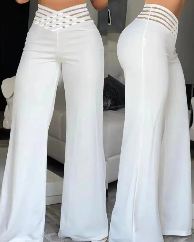 LIZAKOSHT  -  Pants Women's Cutout Cross-over Belted Elegant Commuter Slightly Flared High-waisted Wide-leg New Casual Trendy Niche Versatile