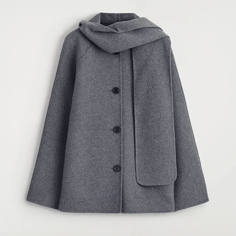 LIZAKOSHT  -  Solid Wool Cape Style Coat Women Scarf Detail Button Front Full Sleeve Loose Jacket 2025 Autumn Elegant Female Casual Outerwear