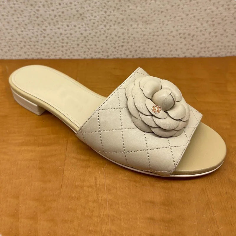 LIZAKOSHT  -  new designer camellia flower slippers women plaid leather slides shoes floral buckle leather flip flops woman flat sandales