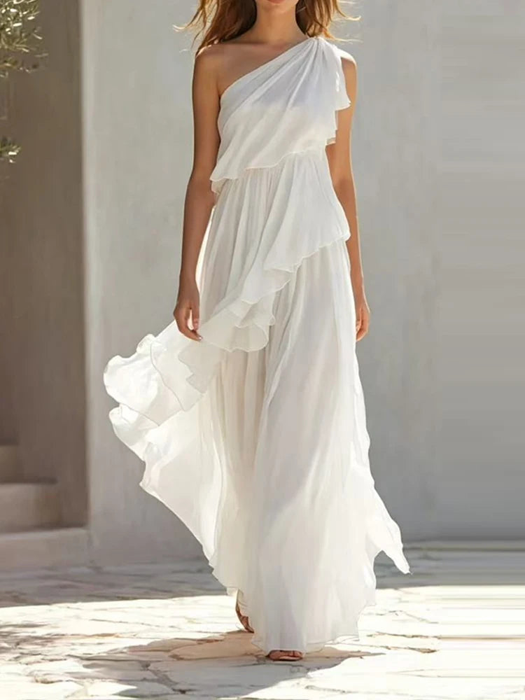 LIZAKOSHT  -  Sexy Tiered Ruffle Draped Formal Party Dress Women Elegant Asymmetrical Solid Gowns Sleeveless Slanted Shoulder Bridesmaid Dress